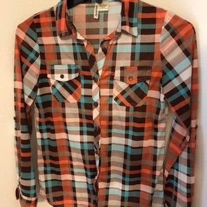 Plaid Orange/Blue/Brown Button Down Shirt